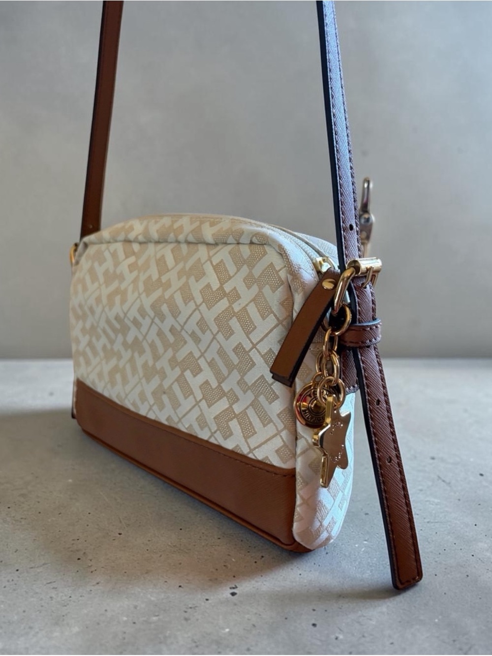 Tommy Hilfiger Monogram Crossbody Bag in Cream & Brown